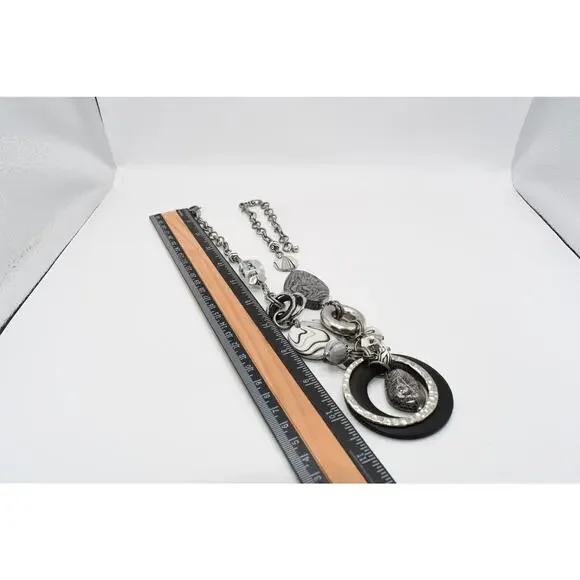 Chico's Statement Necklace Black White Lucite Wood Ring Silver Tone - Picture 8 of 11